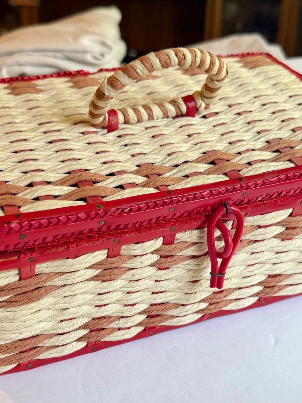 Vintage Red Woven Sewing Basket